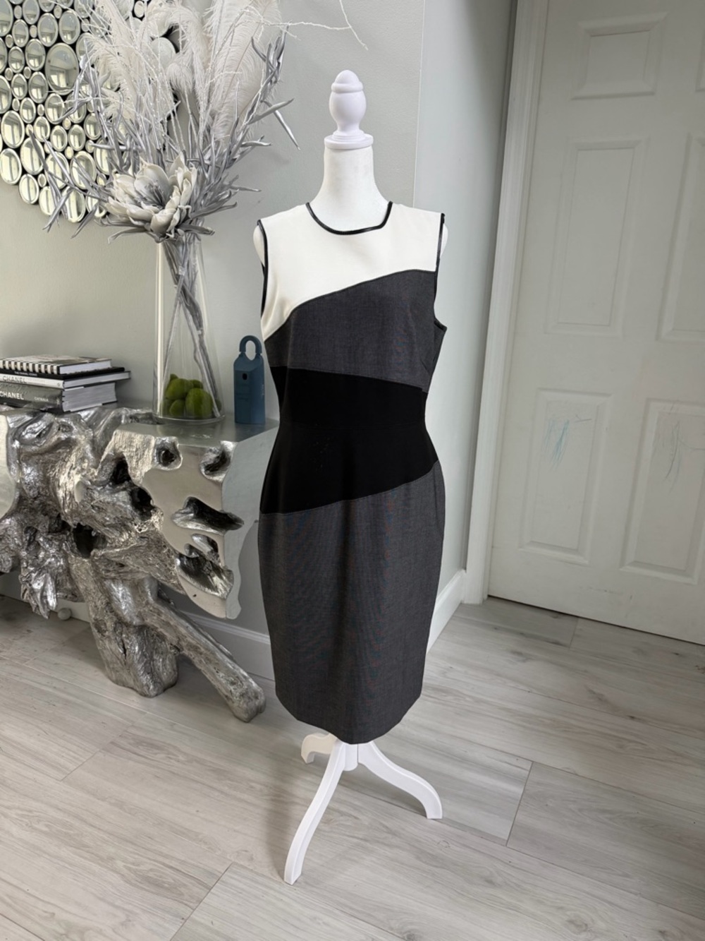 Sleeveless Colorblock Sheath Dress in White, Black, and Charcoal